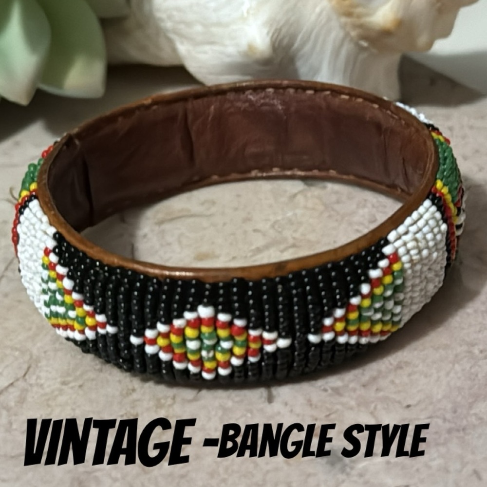 Beaded Bracelet-Leather Backing-Slip on Bangle Style-Seed Beads